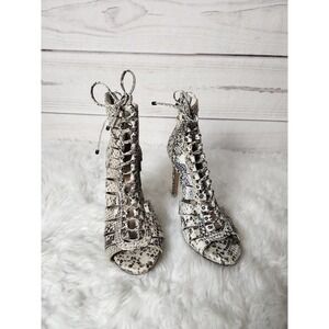 Vince Camuto‎ Womens Heels Sandals Fionna Snake Pattern Lace Up Gray Size 7M/37